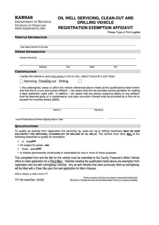 Fillable Form Tr-164 - Oil Well Servicing, Clean-Out And Drilling Vehicle Registration Exemption Affidavit Printable pdf