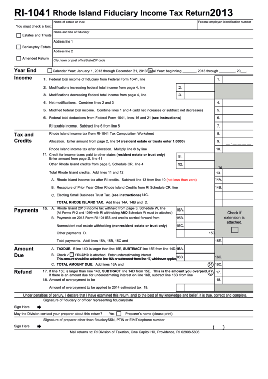 Fillable Form Ri-1041 - Rhode Island Fiduciary Income Tax Return - 2013 Printable pdf