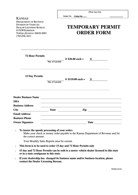 Fillable Form Tr-205b - Temporary Permit Order Form Printable pdf