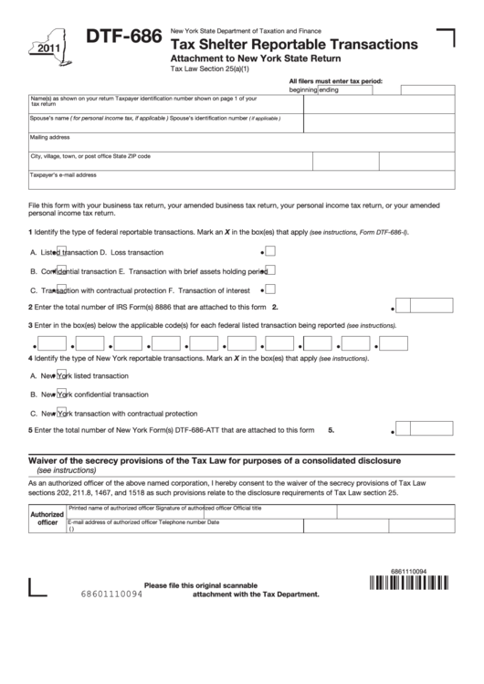 Form Dtf-686 - Tax Shelter Reportable Transactions Attachment To New York State Return - 2011 Printable pdf
