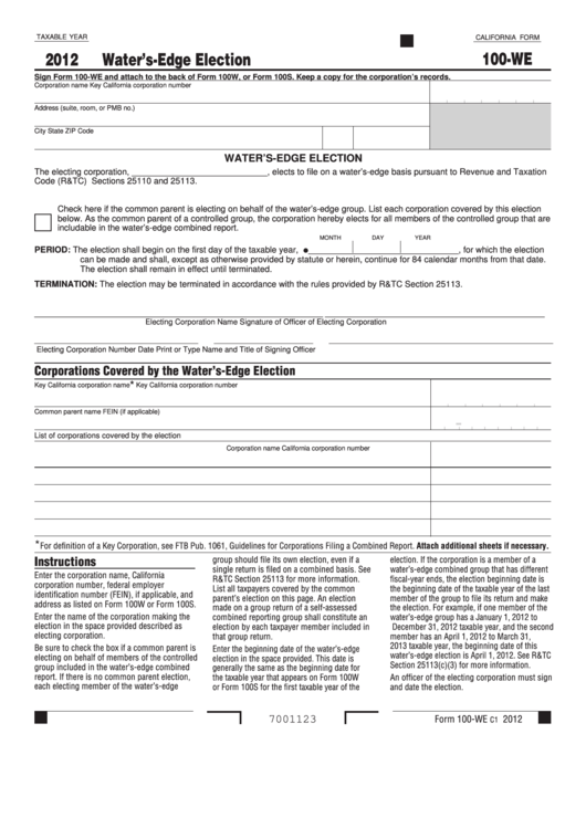 Fillable California Form 100-We - Water