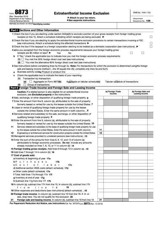 Fillable Form 8873 - Extraterritorial Income Exclusion Printable pdf