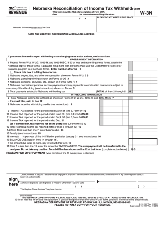 Form W-3n - Nebraska Reconciliation Of Income Tax Withheld Printable pdf