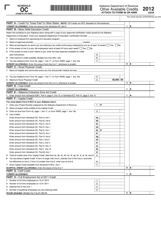 Form 40 Or 40nr - Schedule Oc - Other Available Credits - 2012