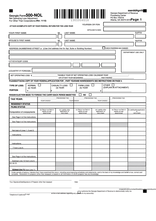 Fillable Georgia Form 500-Nol - Net Operating Loss Adjustment For Other Than Corporations Printable pdf