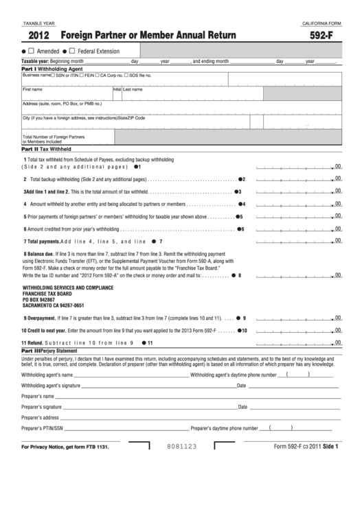 Fillable California Form 592-F - Foreign Partner Or Member Annual Return - 2012 Printable pdf