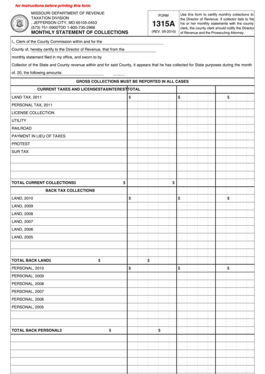 Fillable Form 1315a - Monthly Statement Of Collections Printable pdf