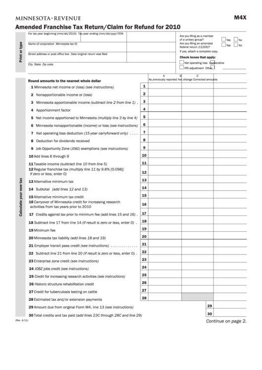 Fillable Form M4x - Amended Franchise Tax Return/claim For Refund - 2010 Printable pdf