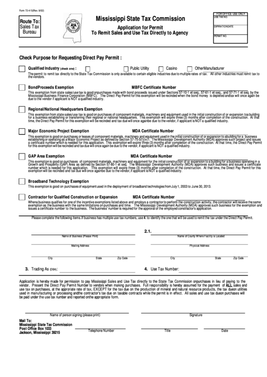 Form 72-415 - Application For Permit To Remit Sales And Use Tax Directly To Agency Printable pdf