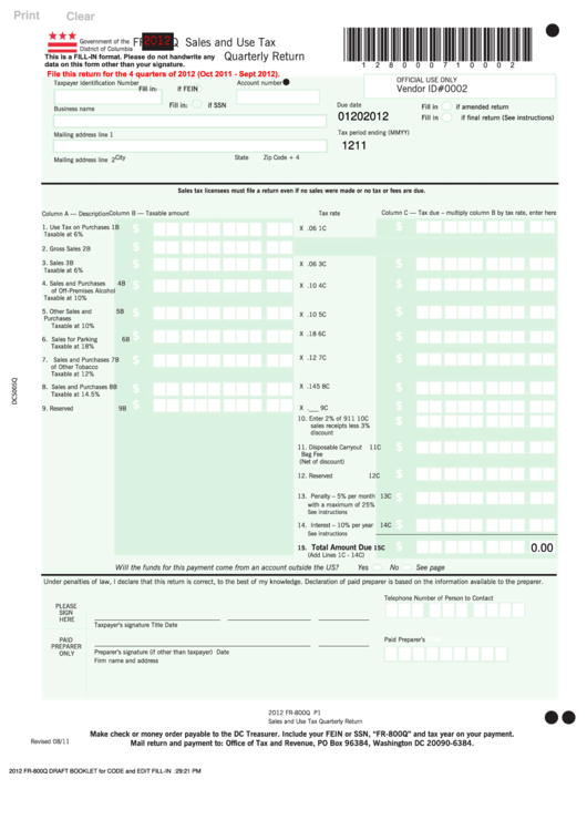 Fillable Form Fr-800q - Sales And Use Tax Quarterly Return - 2012 Printable pdf