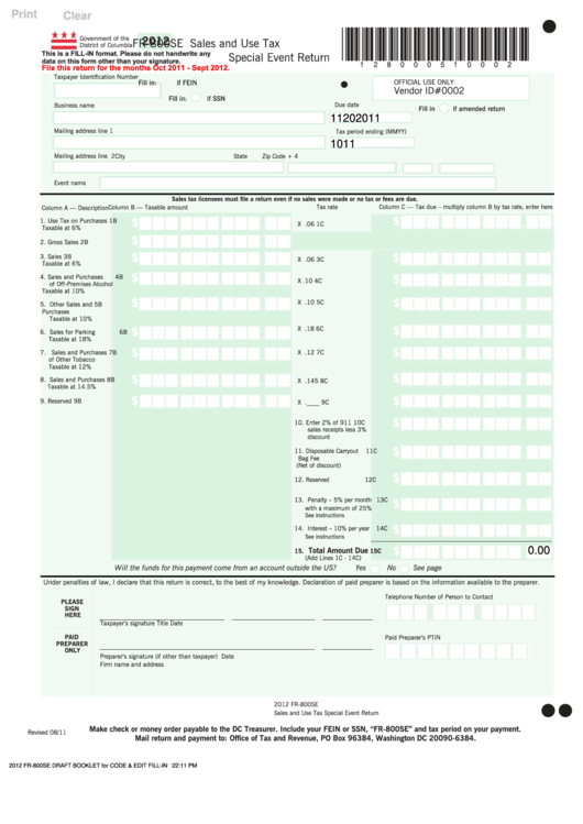 Fillable Form Fr-800se - Sales And Use Tax Special Event Return - 2012 Printable pdf