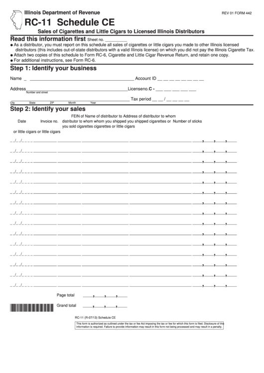 Fillable Form Rc-11 - Schedule Ce - Sales Of Cigarettes And Little Cigars To Licensed Illinois Distributors Printable pdf
