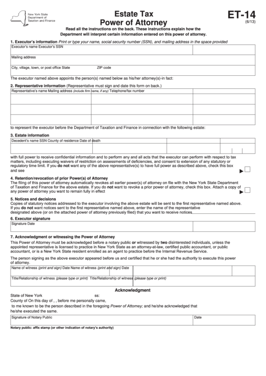 Form Et-14 - Estate Tax Power Of Attorney Printable pdf