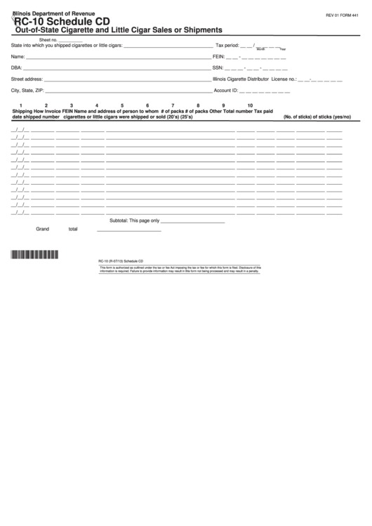 Fillable Form Rc-10 - Schedule Cd - Out-Of-State Cigarette And Little Cigar Sales Or Shipments Printable pdf