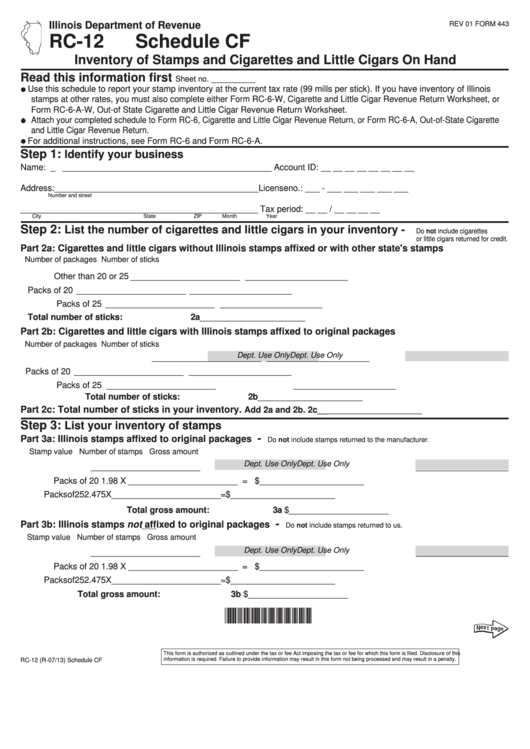 Fillable Form Rc-12 - Schedule Cf - Inventory Of Stamps And Cigarettes And Little Cigars On Hand Printable pdf