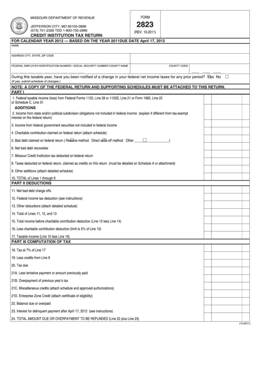 Fillable Form 2823 - Credit Institution Tax Return Printable pdf
