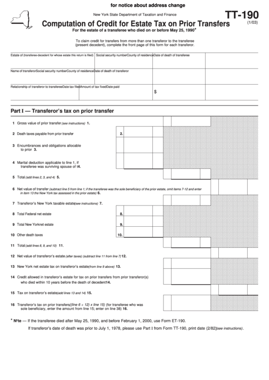 Form Tt-190 - Computation Of Credit For Estate Tax On Prior Transfers Printable pdf