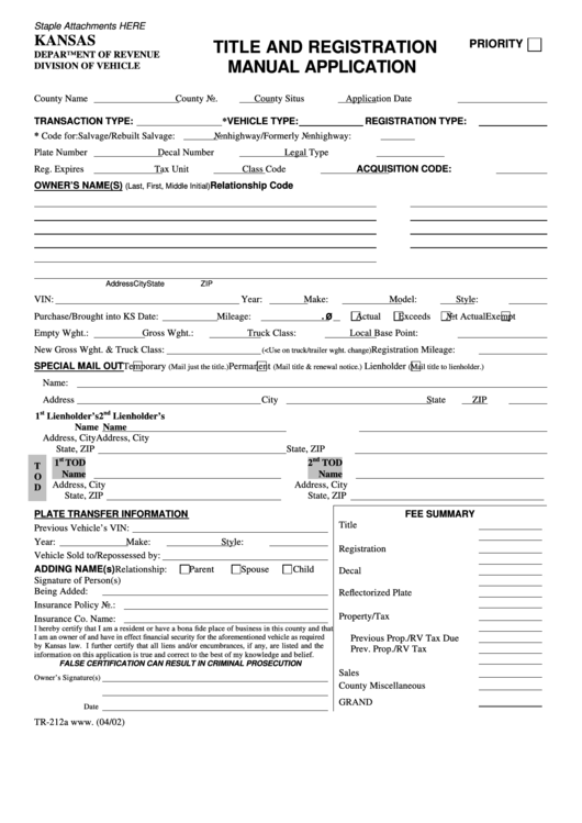 Fillable Form Tr-212a - Title And Registration Manual Application Printable pdf