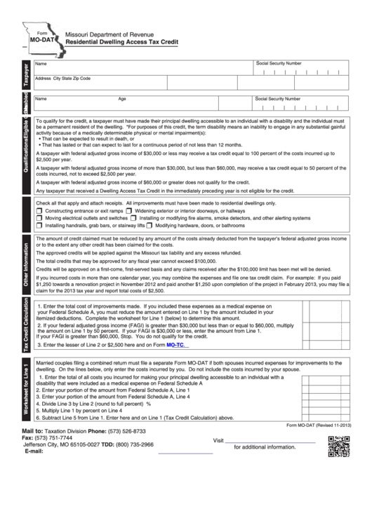 Fillable Form Mo-Dat - Residential Dwelling Access Tax Credit Printable pdf