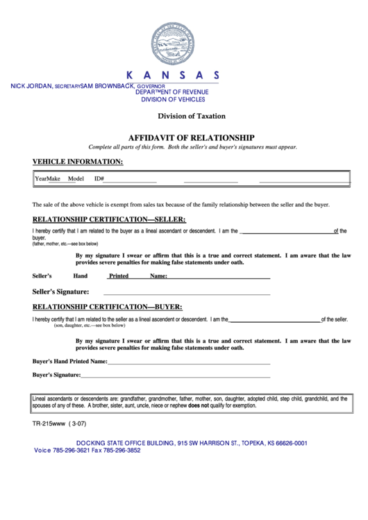 Fillable Form Tr-215 - Affidavit Of Relationship Printable pdf