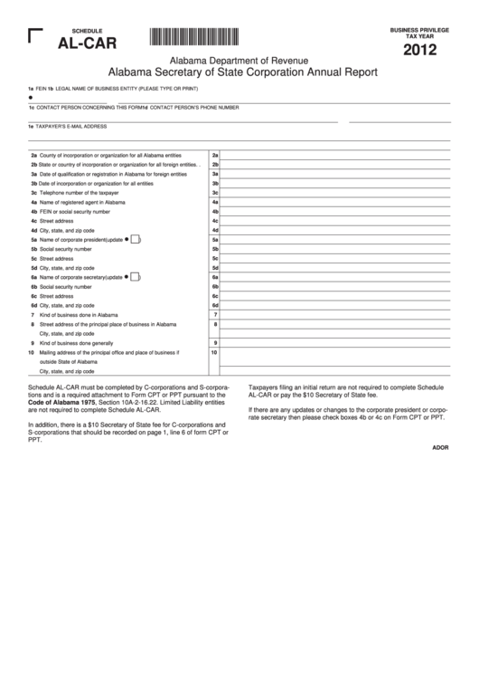 Schedule Al-Car - Alabama Secretary Of State Corporation Annual Report - 2012 Printable pdf