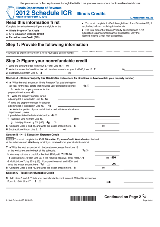 Fillable Schedule Icr - Attach To Your Form Il-1040 - Illinois Credits - 2012 Printable pdf