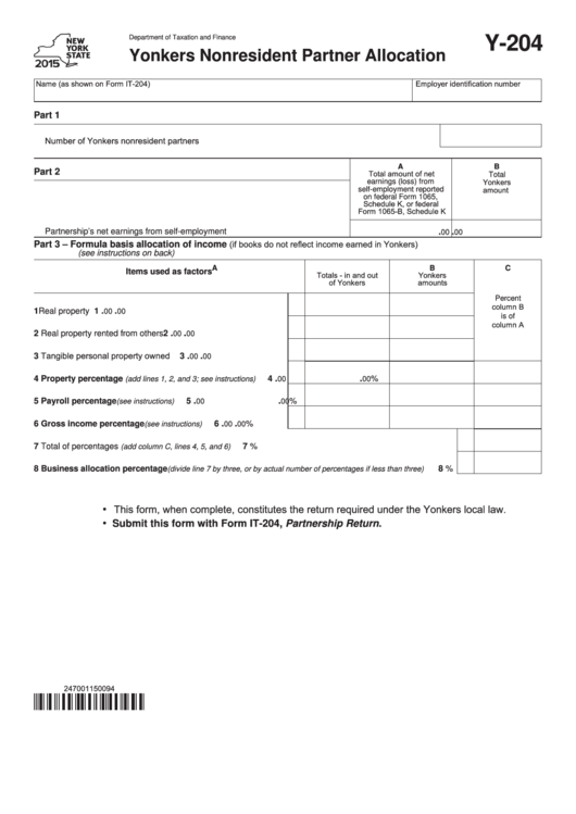 Fillable Form Y-204 - Yonkers Nonresident Partner Allocation - 2015 Printable pdf