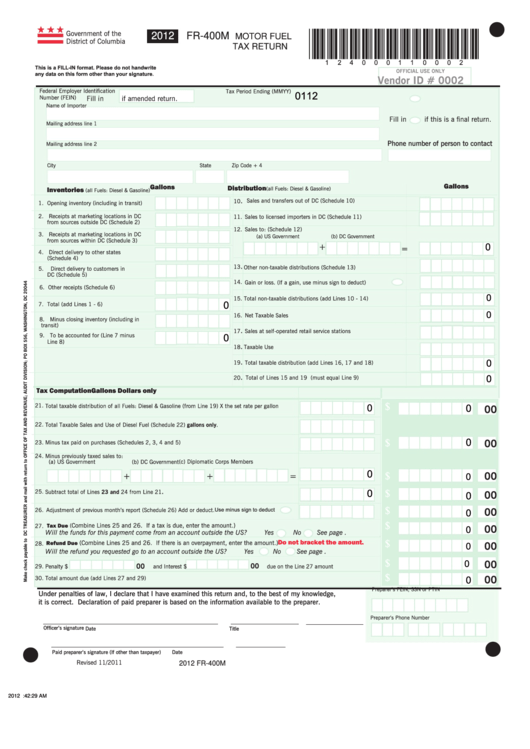 Fillable Form Fr-400m - Motor Fuel Tax Return - 2012 Printable pdf