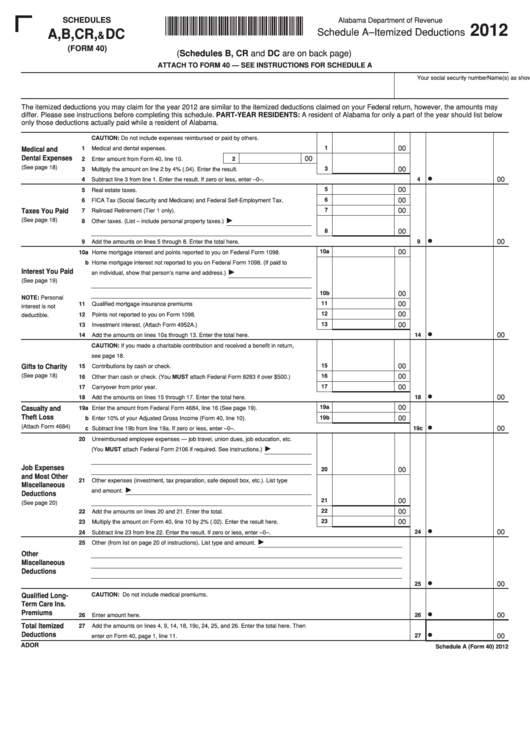 Form 40 - Schedules A,b,cr,&dc - Itemized Deductions, Interest And Dividend Income, Credit For Taxes Paid To Other States, Donation Check-Offs - 2012 Printable pdf