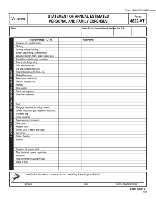 Form 4822-Vt - Statement Of Annual Estimated Personal And Family Expenses Printable pdf