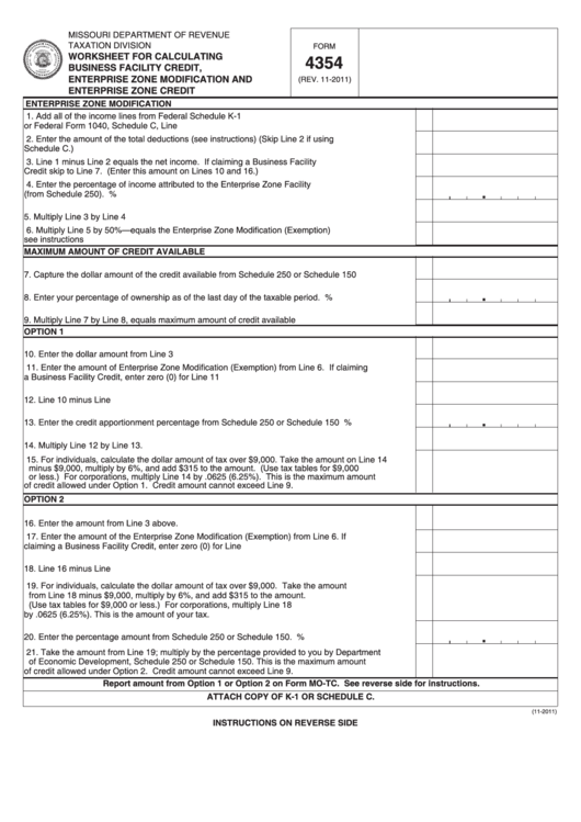 Fillable Form 4354 - Worksheet For Calculating Business Facility Credit, Enterprise Zone Modification And Enterprise Zone Credit Printable pdf