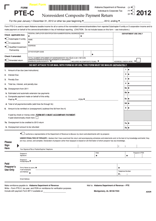 Fillable Form Pte-C - Nonresident Composite Payment Return/schedule Pte-Ck1 - 2012 Printable pdf