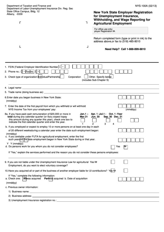 Form Nys-100a - New York State Employer Registration For Unemployment Insurance, Withholding, And Wage Reporting For Agricultural Employment Printable pdf