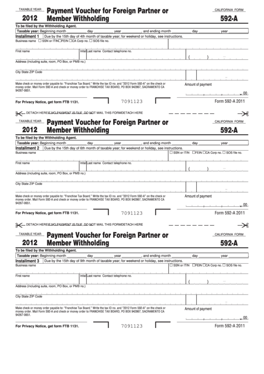 Fillable California Form 592-A - Payment Voucher For Foreign Partner Or Member Withholding - 2012 Printable pdf