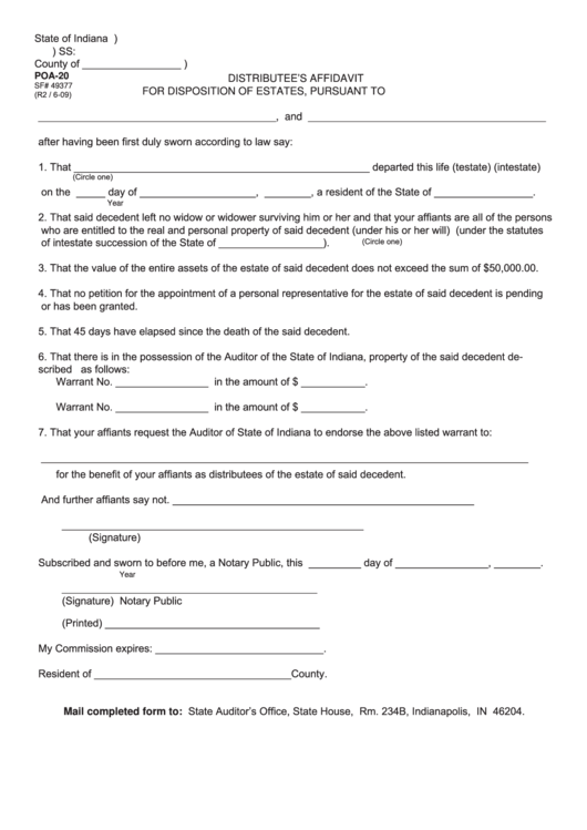 Fillable Form Poa 20 State Form 49377 Distributee S Affidavit Form 