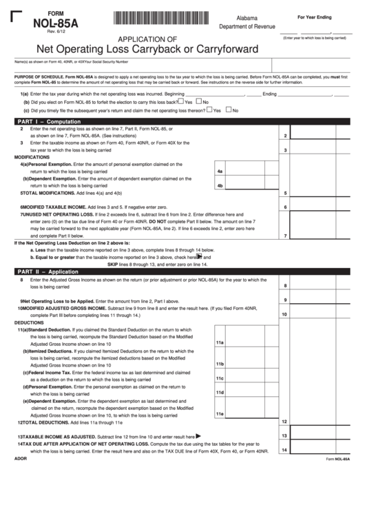 Fillable Form Nol-85a - Application Of Net Operating Loss Carryback Or Carryforward Printable pdf