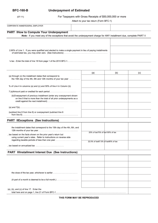 Fillable Form Bfc-160-B - Underpayment Of Estimated N.j. Corporation Business Tax For Taxpayers With Gross Receipts Of 50,000,000 Or More Printable pdf