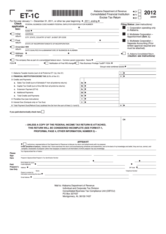 Fillable Form Et-1c - Consolidated Financial Institution Excise Tax Return - 2012 Printable pdf