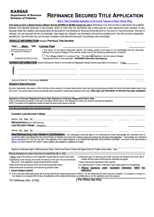 Fillable Form Tr-720r - Refinance Secured Title Application Printable pdf