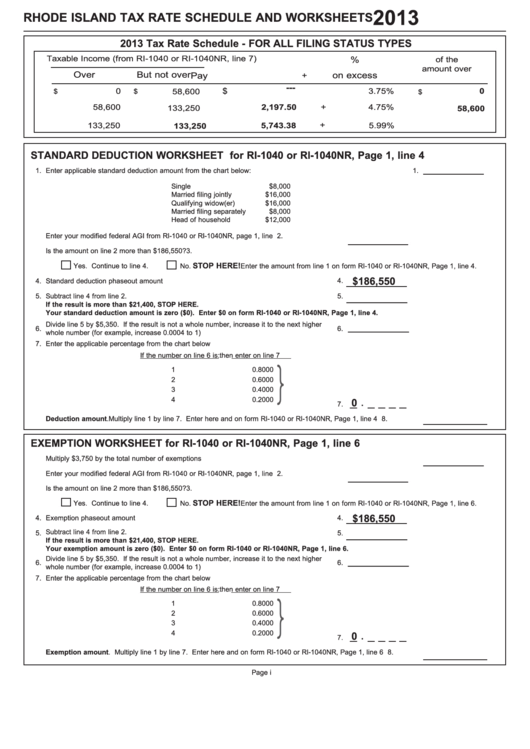 Fillable Rhode Island Tax Rate Schedule And Worksheets - 2013 Printable pdf