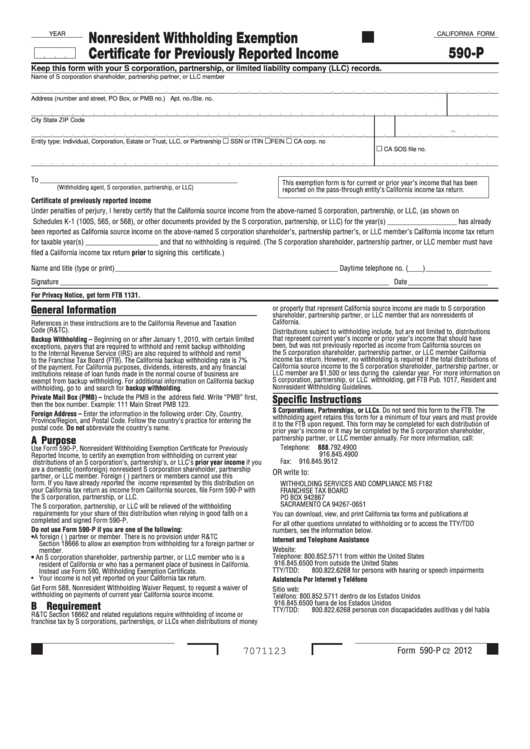 Fillable California Form 590-P - Nonresident Withholding Exemption Certificate For Previously Reported Income - 2013 Printable pdf