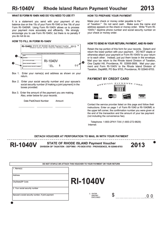 Form Ri-1040v - Rhode Island Return Payment Voucher - 2013 Printable pdf