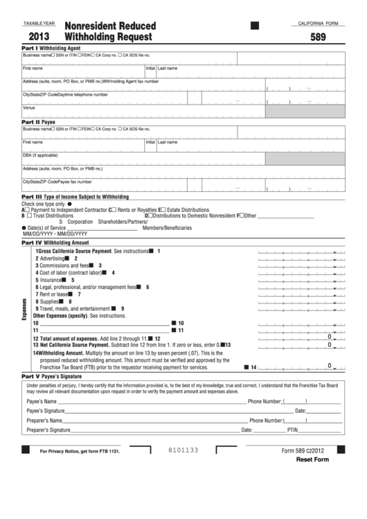 Fillable California Form 589 - Nonresident Reduced Withholding Request - 2013 Printable pdf