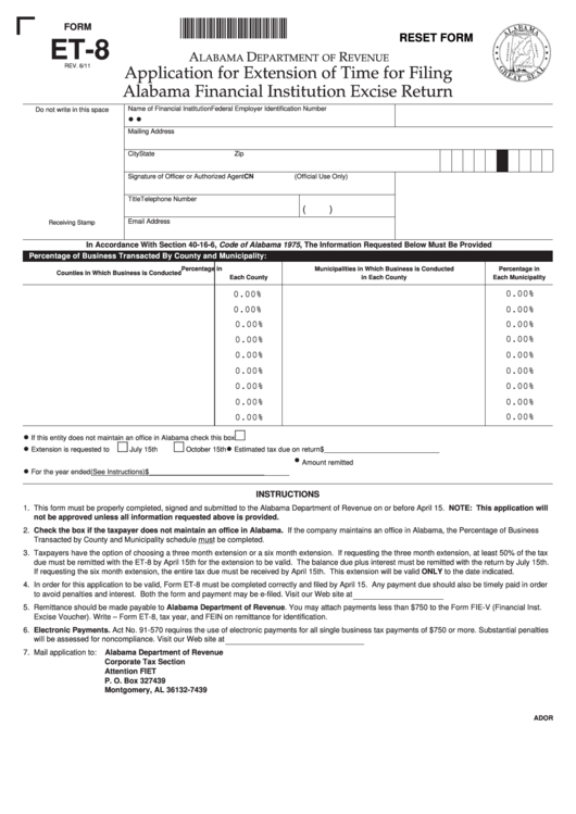 Fillable Form Et-8 - Application For Extension Of Time For Filing Alabama Financial Institution Excise Return Printable pdf