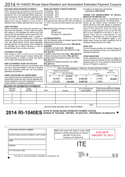 Fillable Form Ri-1040es - State Of Rhode Island Estimated Payment Coupon - 2014 Printable pdf