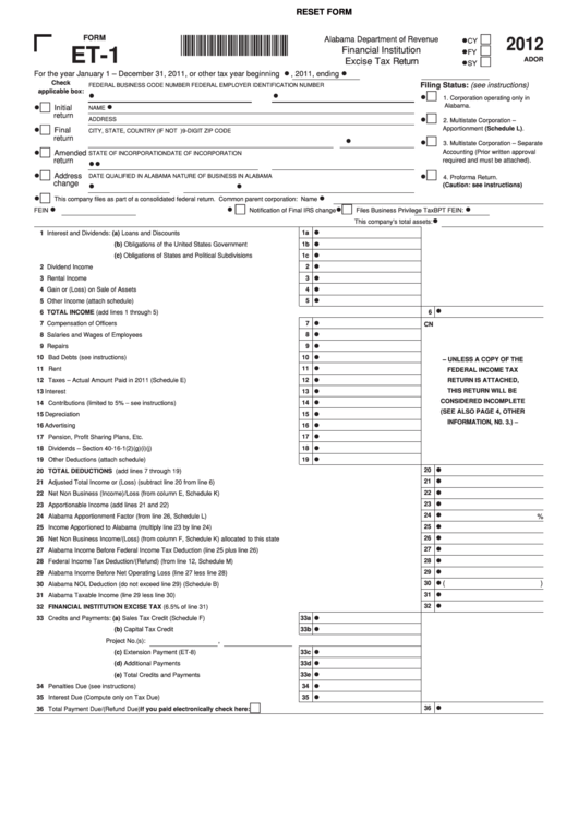 Fillable Form Et-1 - Financial Institution Excise Tax Return - 2012 Printable pdf
