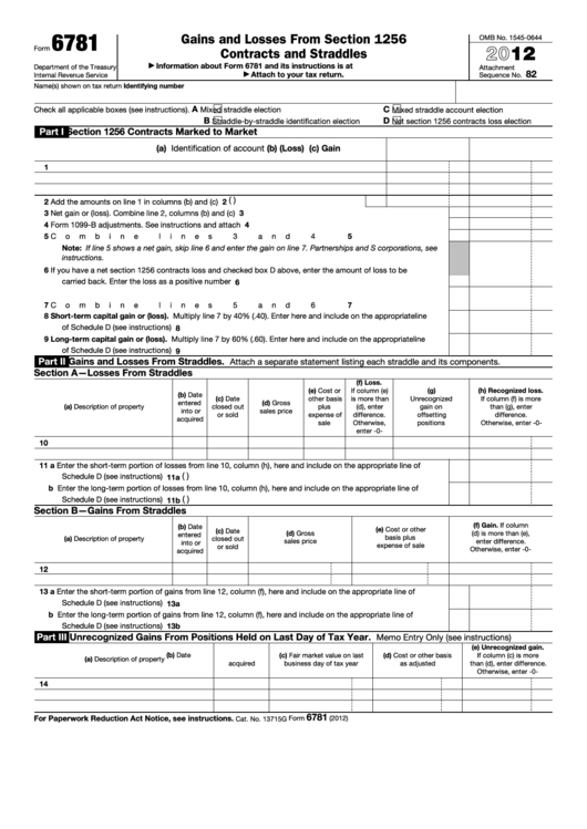 Fillable Form 6781 - Gains And Losses From Section 1256 Contracts And Straddles - 2012 Printable pdf