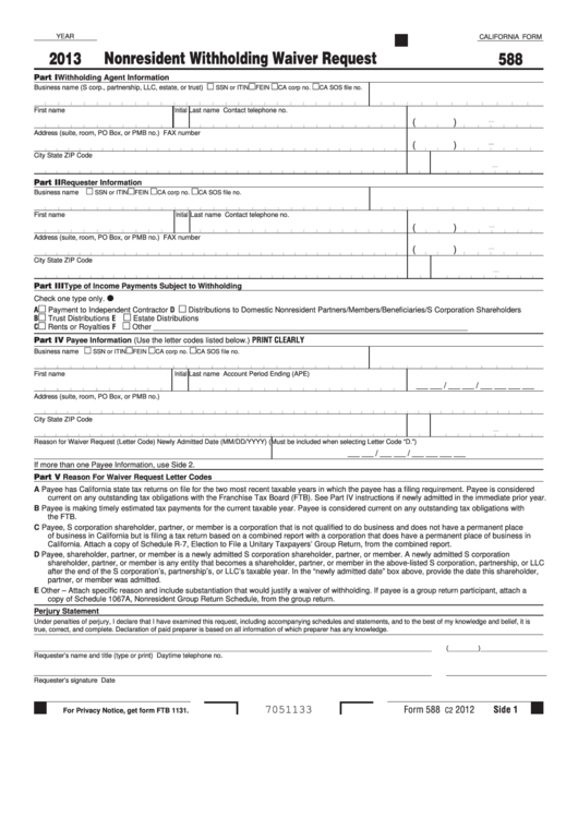 California Form 588 - Nonresident Withholding Waiver Request - 2013