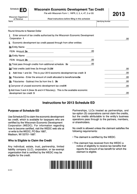 Fillable Schedule Ed - Wisconsin Economic Development Tax Credit - 2013 Printable pdf