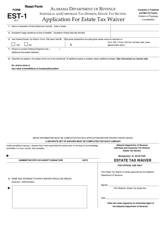 Fillable Form Est-1 - Application For Estate Tax Waiver Printable pdf